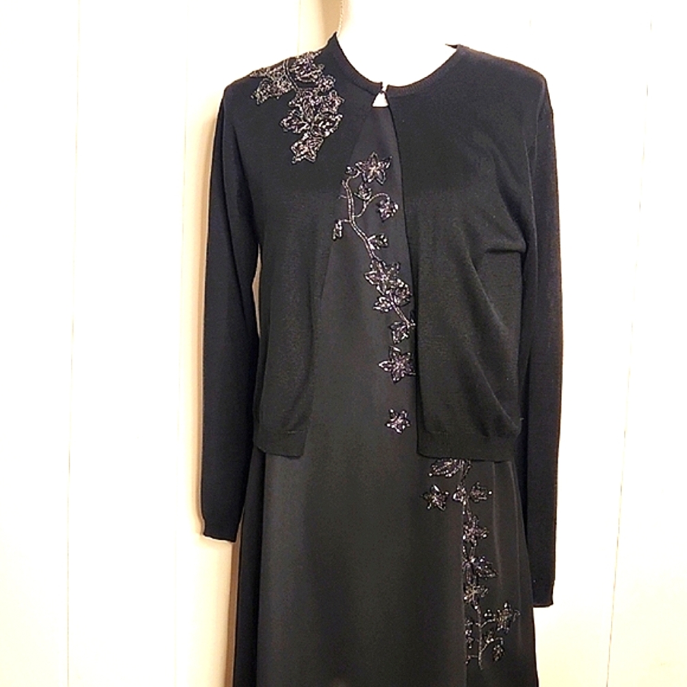 Elegant Little Black Embroidered Dress and Cardigan Set Formal Midi Sress Set